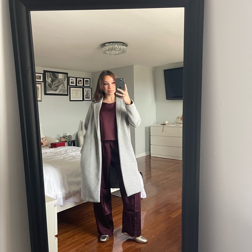 Gray Coat with Burgundy Outfit